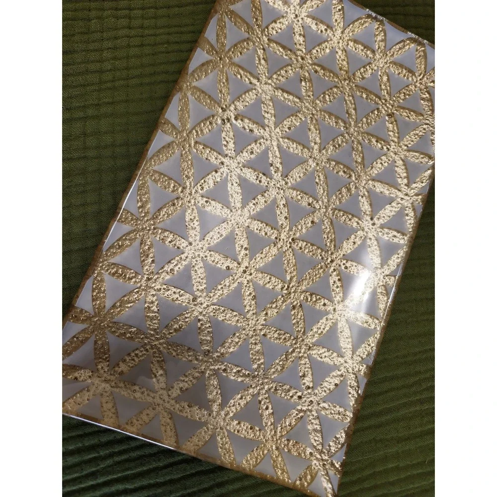 Reverse Painted Gold Geometric Glass Vanity Tray 10x6 Flower of Life Design
